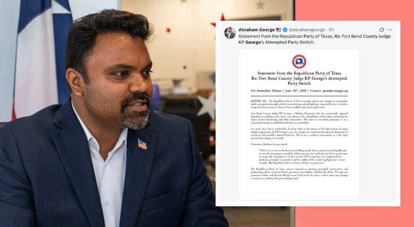 കെ.പി ജോര്‍ജിനെ വേണ്ടെന്ന് ടെക്‌സസ് റിപ്പബ്ലിക്കന്‍ പാര്‍ട്ടി സ്റ്റേറ്റ് ചെയര്‍മാന്‍ എബ്രഹാം ജോര്‍ജ്‌
