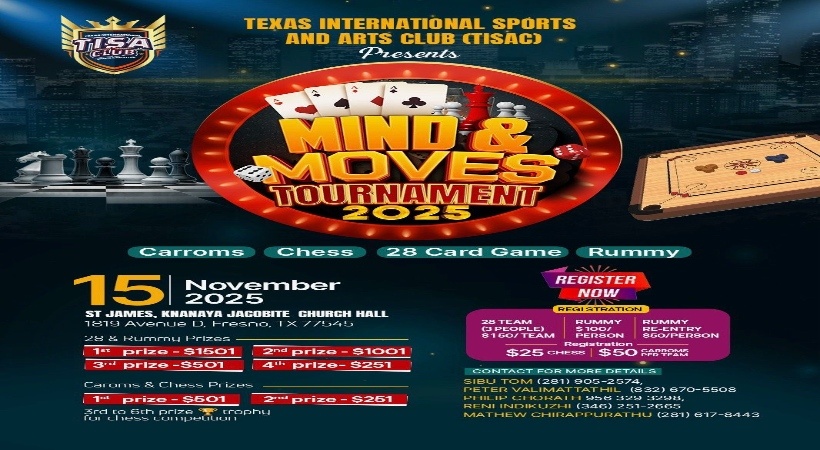ടിസാക്കിന്റെ ആഭിമുഖ്യത്തിൽ “മൈൻഡ് ആൻഡ് മൂവ്‌സ് ടൂർണമെന്റ് 2025” ഹൂസ്റ്റണിൽ നവംബർ 15 ന്  