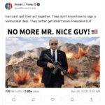 തോക്കേന്തി ഏവിയേറ്റർ സൺഗ്ലാസ് ധരിച്ച് നിൽക്കുന്ന ട്രംപ്; ഇറാന് കർശന മുന്നറിയിപ്പ്; ഇനി വിട്ടുവീഴ്ചയില്ലന്നും പ്രതികരണം