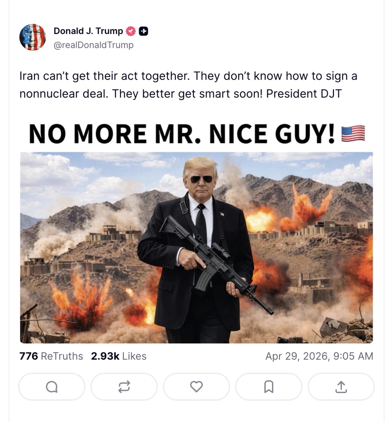 തോക്കേന്തി ഏവിയേറ്റർ സൺഗ്ലാസ് ധരിച്ച് നിൽക്കുന്ന ട്രംപ്; ഇറാന് കർശന മുന്നറിയിപ്പ്; ഇനി വിട്ടുവീഴ്ചയില്ലന്നും പ്രതികരണം