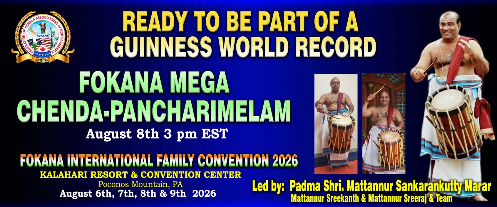 ഗിന്നസ് ബുക്കിലേക്ക് ചെണ്ടകൈ  ദൂരം! പത്മശ്രീ മട്ടന്നൂർ ശങ്കരൻകുട്ടിക്കൊപ്പം ചരിത്രത്തിന്റെ ഭാഗമാകാൻ ഫൊക്കാന ഒരുക്കുന്ന അപൂർവ്വ അവസരം