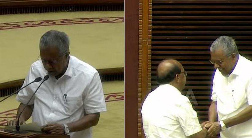 പിണറായിക്ക് ഹസ്തദാനം നല്കി ടി.കെ ഗോവിന്ദന്; സുധാകരനു മുന്നില് സത്യപ്രതിജ്ഞ ചെയ്തു പിണറായി