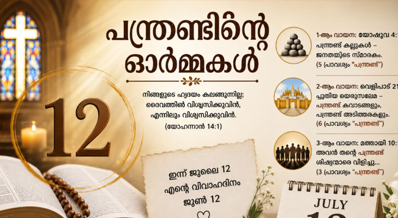 ഇന്നത്തെ ദിവ്യബലിയില് വീണ്ടും വീണ്ടും കേട്ട ഒരു സംഖ്യ… ‘പന്ത്രണ്ട്’. അതില് നിന്നാണ് ഈ ചിന്തയുടെ തുടക്കം
