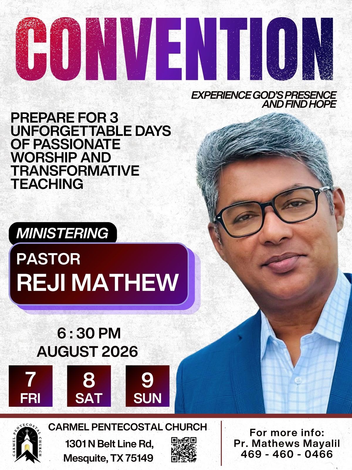 മെസ്‌ക്വിറ്റിൽ കർമേൽ പെന്തക്കോസ്തൽ ചർച്ച് ത്രിദിന കൺവെൻഷൻ ഓഗസ്റ്റ് 7 – മുതൽ
